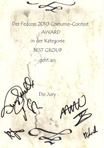 Unsere Urkunde f�r den ersten Platz auf der FedCon beim Costume Contest 2009